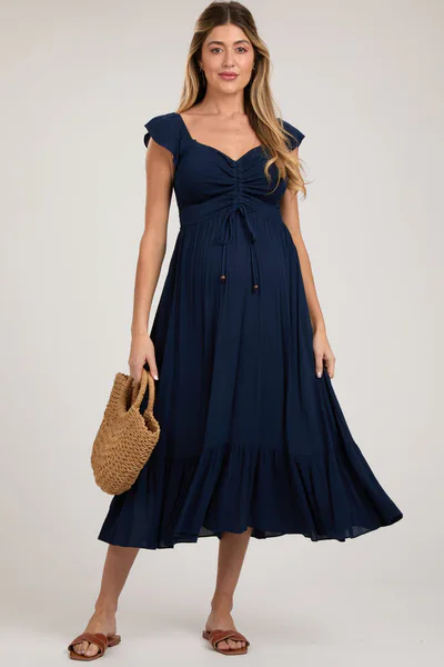 PinkBlush Navy Smocked Ruched Ruffle Hem Maternity Maxi Dress
