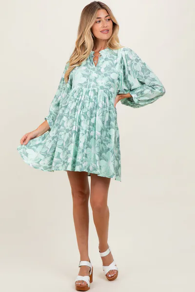 PinkBlush Light Olive Floral Front Tie Bubble Sleeve Maternity Mini Dress