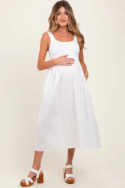 PinkBlush White Contrast Sleeveless Square Neck Maternity Midi Dress