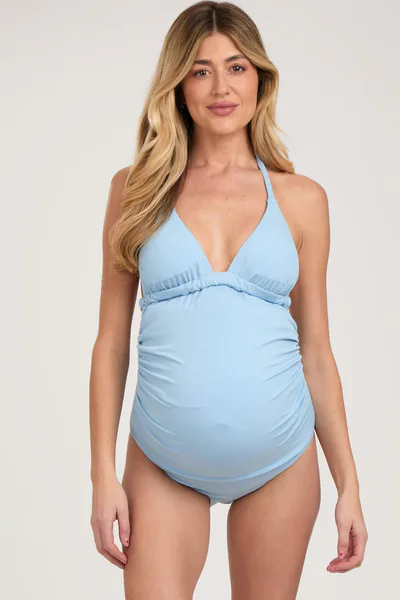 PinkBlush Light Blue Ribbed Low Back Halter One-Piece Maternity Swimsuit