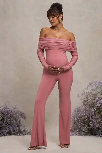 Club L London Count Down | Blush Pink Maternity Ruched Mesh Bardot Jumpsuit