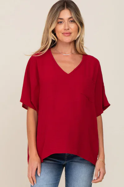 PinkBlush Red Oversized V-Neck Pocket Front Maternity Blouse