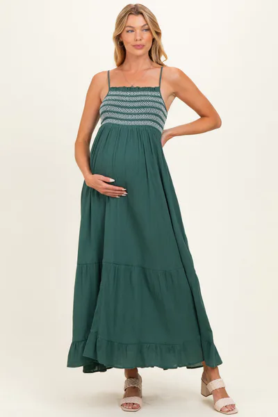 PinkBlush Rich Teal Embroidered Smocked Maternity Maxi Dress
