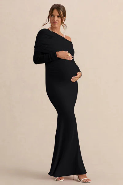Club L London Ianthe | Black Asymmetric-Neck Maternity Maxi Dress With Mesh Long Sleeves