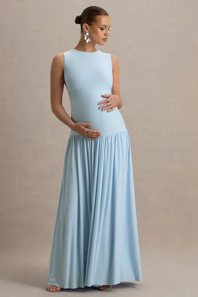 Club L London Outline | Powder Blue Crew-Neck Maternity Maxi Dress With Pleated Skirt