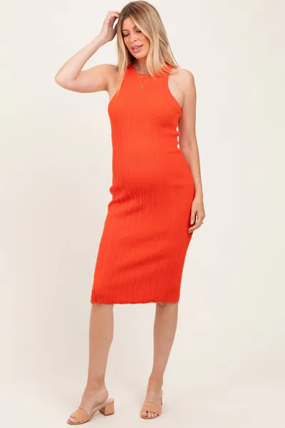 PinkBlush Orange Round Neck Bodycon Ribbed Knit Maternity Midi Dress