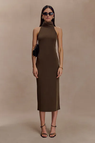 MESHKI Kennedy High Neck Midi Dress - Chocolate