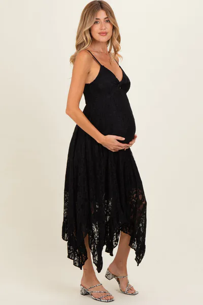 PinkBlush Black Twist Front Lace Maternity Maxi Dress