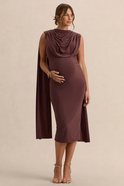 Club L London Milaine | Dark Brown Round-Neck Maternity Midi Dress With Cape Sleeves