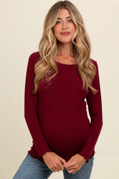 PinkBlush Burgundy Ribbed Knit Long Sleeve Lettuce Hem Maternity Top