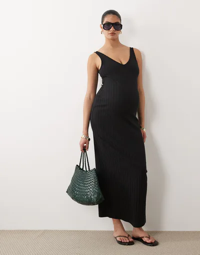 ASOS wide rib sleeveless V neck midi dress in black