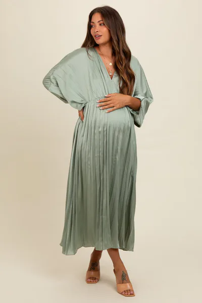 PinkBlush Light Olive Satin Pleated V-Neck Maternity Maxi Dress