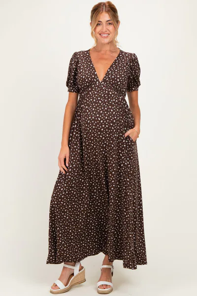 PinkBlush Brown Floral V-Neck Short Sleeve Maternity Maxi Dress