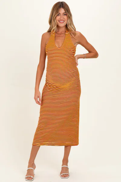 PinkBlush Red Striped Halter Maternity Maxi Dress