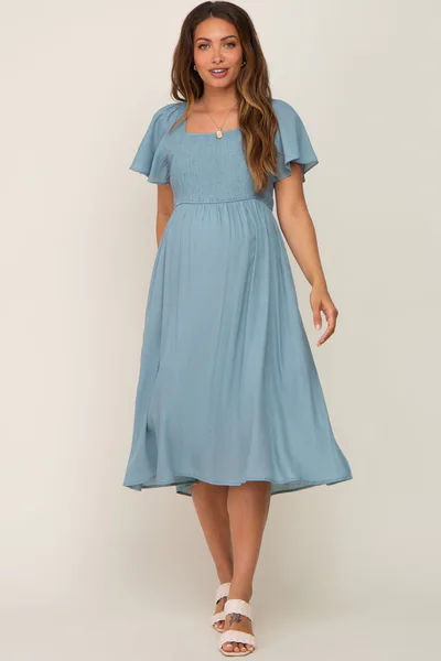 PinkBlush Light Blue Smocked Square Neck Flutter Short Sleeve Maternity Midi Dress