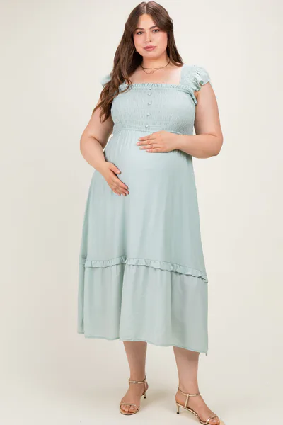 PinkBlush Mint Button Accent Smocked Maternity Plus Midi Dress