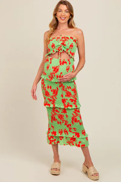 PinkBlush Lime Floral Smocked Drawstring Front Cutout Ruffle Trim Maternity Midi Dress