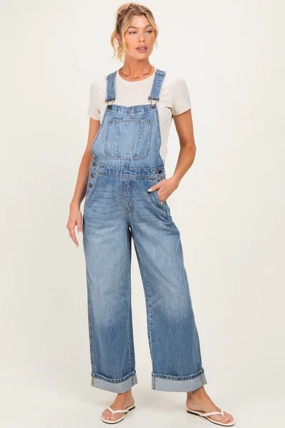 PinkBlush Blue Wide Leg Maternity Denim Cuffed Overalls