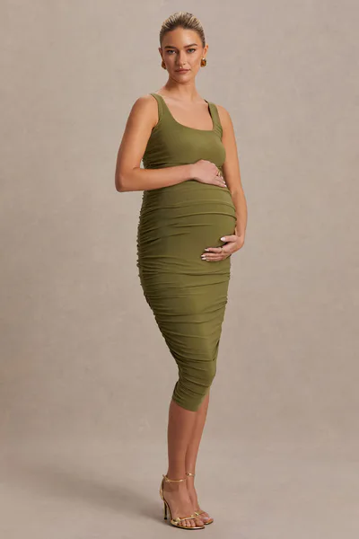 Club L London Lisbon | Olive Maternity Square Neck Ruched Midi Dress
