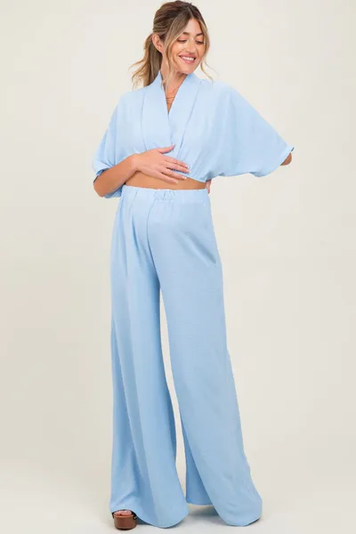 PinkBlush Blue Crop Blouse Wide Leg Pant Maternity Set