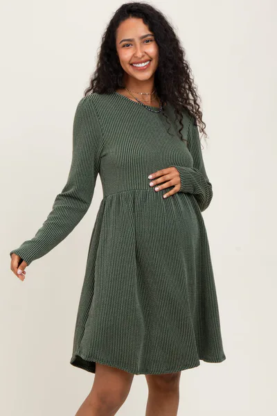 PinkBlush Olive Textured Rib Long Sleeve Maternity Dress