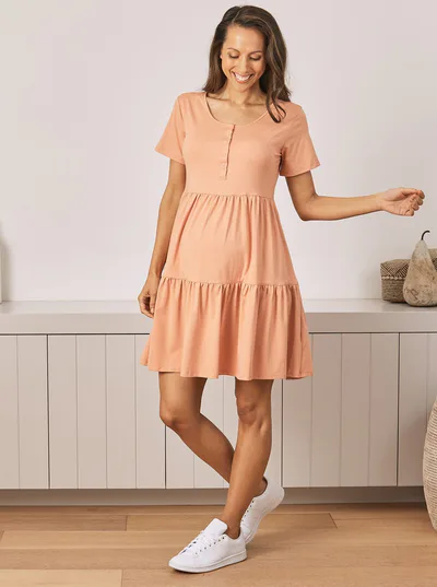 Angel Maternity Lana Maternity Tiered Dress in Apricot