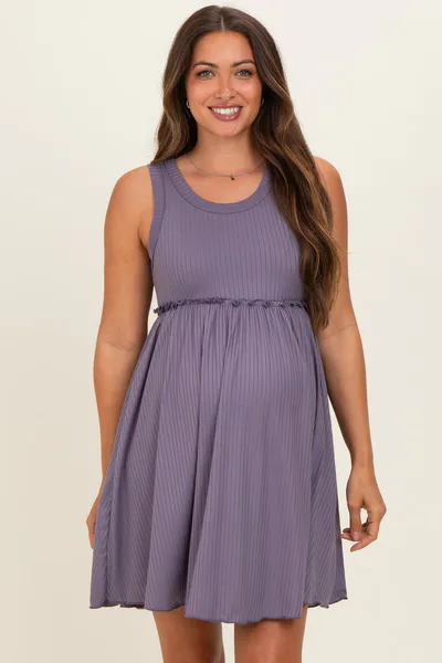 PinkBlush Lavender Ribbed Sleeveless Lettuce Trim Maternity Mini Dress