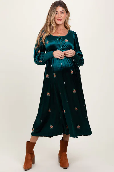 PinkBlush Deep Teal Velvet Embroidered Floral Maternity Midi Dress