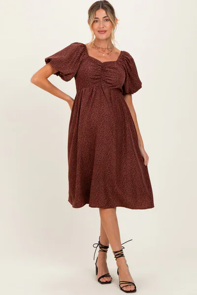 PinkBlush Brown Ruched Sweetheart Neck Maternity Dress