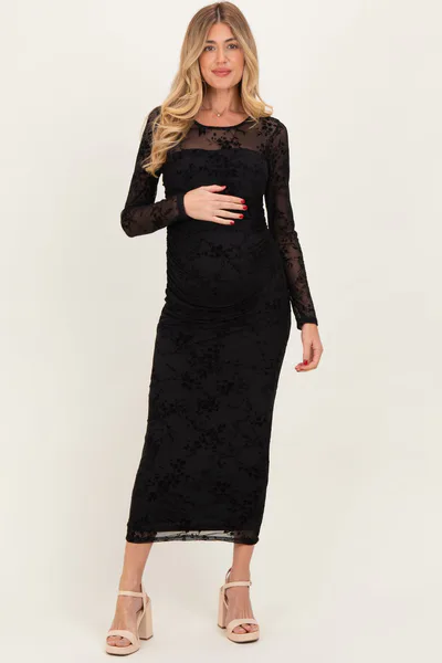 PinkBlush Black Floral Flocked Mesh Long Sleeve Maternity Midi Dress