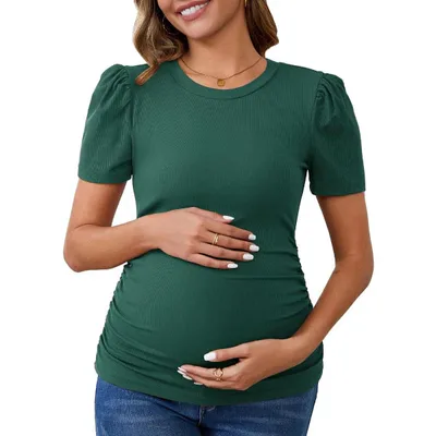 Target INSPIRE CHIC Women's Maternity Blouse Business Office Side Ruched Ribbed Knit Puff Sleeve Top Casual Pregnancy Clothes Medium Green