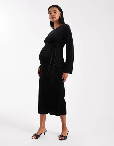 ASOS Mamalicious Maternity velvet bell sleeve midi dress in black