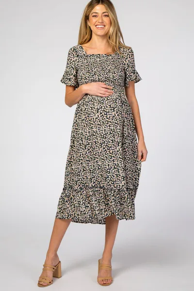 PinkBlush Navy Floral Ruffle Maternity Midi Dress