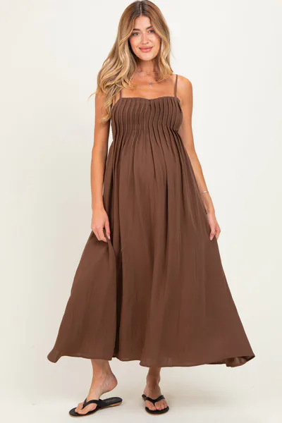 PinkBlush Dark Brown Pintuck Detail Sleeveless Maternity Maxi Dress