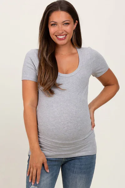 PinkBlush Heather Grey Ribbed Scoop Neck Short Sleeve Maternity Top