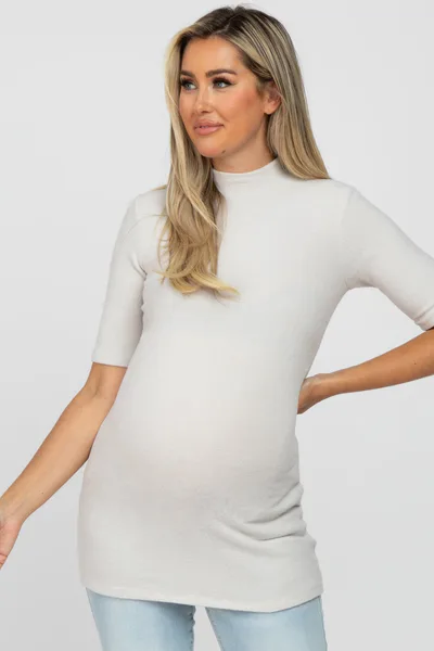 PinkBlush Cream Soft Brushed Knit Mock Neck Maternity Top
