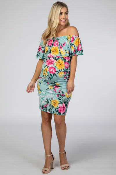 PinkBlush Mint Floral Off Shoulder Fitted Maternity Dress