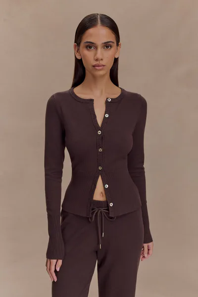 MESHKI Reese Fitted Knit Cardigan - Dark Chocolate