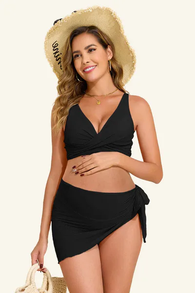 Summer Mae Maternity 3-Piece Swimsuit Set with Criss Cross V-Neck, Low-Rise Bikini and Tie Sarong