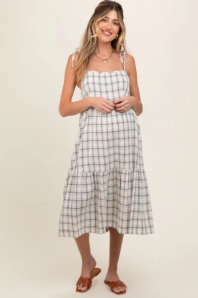PinkBlush Ivory Plaid Shoulder Tie Maternity Midi Dress