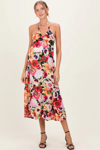 PinkBlush Black Floral Crisscross Back Maternity Midi Dress