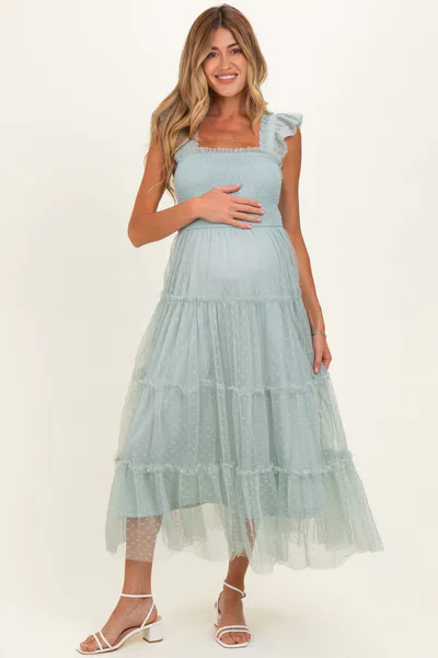PinkBlush Sage Smocked Polka Dot Tulle Maternity Midi Dress