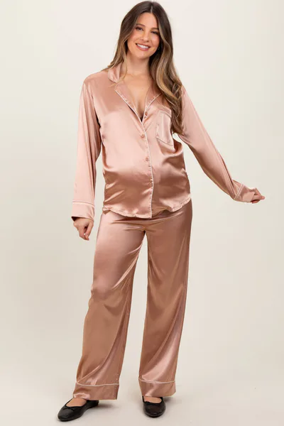 PinkBlush Gold Satin Contrast Trim Long Sleeve Maternity Pajama Set