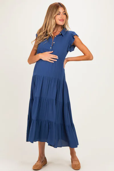 PinkBlush Deep Blue Button Up Ruffle Sleeve Tiered Maternity Maxi Dress
