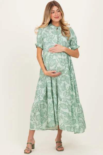 PinkBlush Light Sage Paisley Print Tiered Maternity Midi Dress