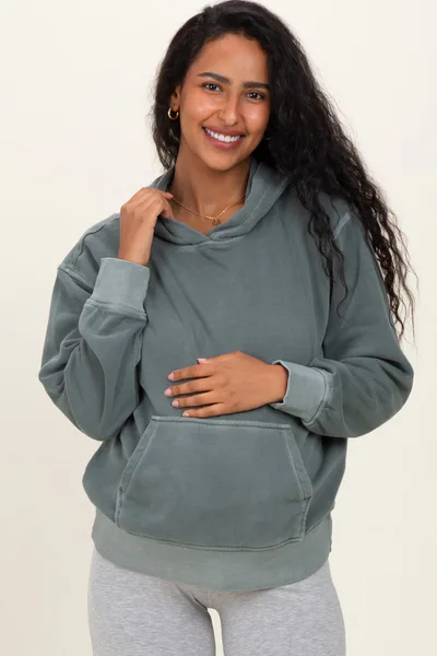 PinkBlush Dusty Jade Soft Fleece Maternity Pocket Hoodie