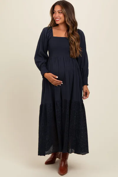PinkBlush Navy Blue Smocked Eyelet Lace Hem Maternity Maxi Dress