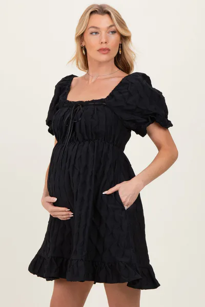 PinkBlush Black Textured Puff Sleeve Maternity Dress