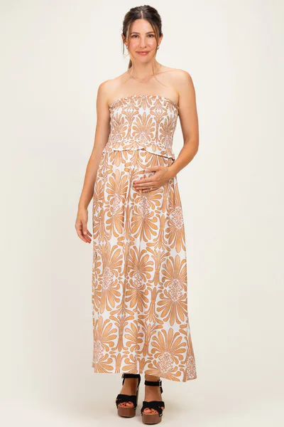 PinkBlush Camel Damask Print Strapless Smocked Maternity Midi Dress