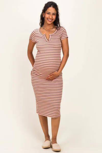 PinkBlush Light Pink Striped Henley Maternity Midi Dress